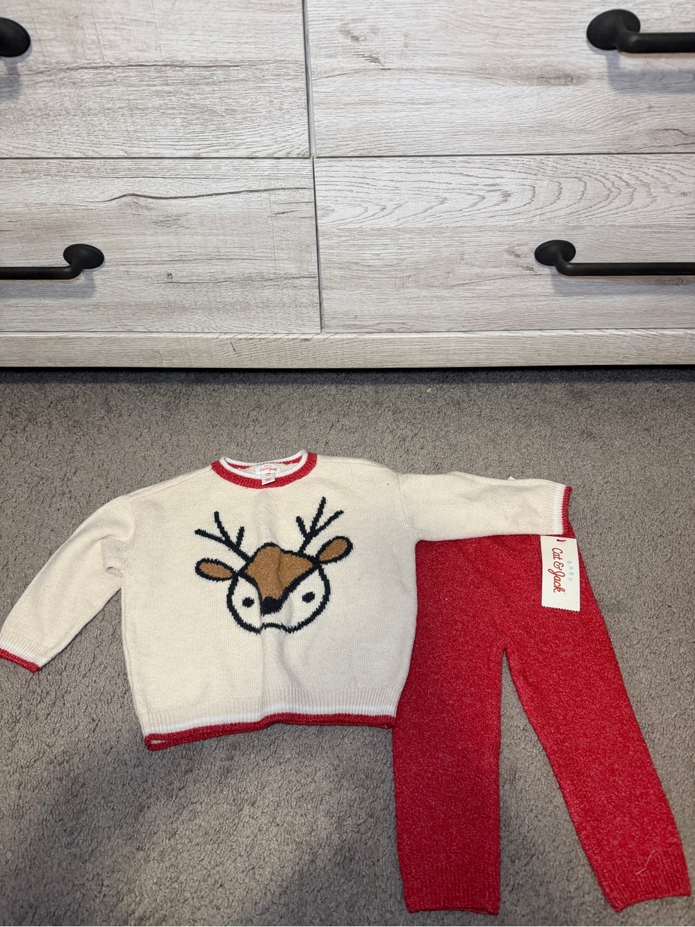 Cat & Jack Ivory and Red Reindeer Knit Sweater & Red Leggings Set